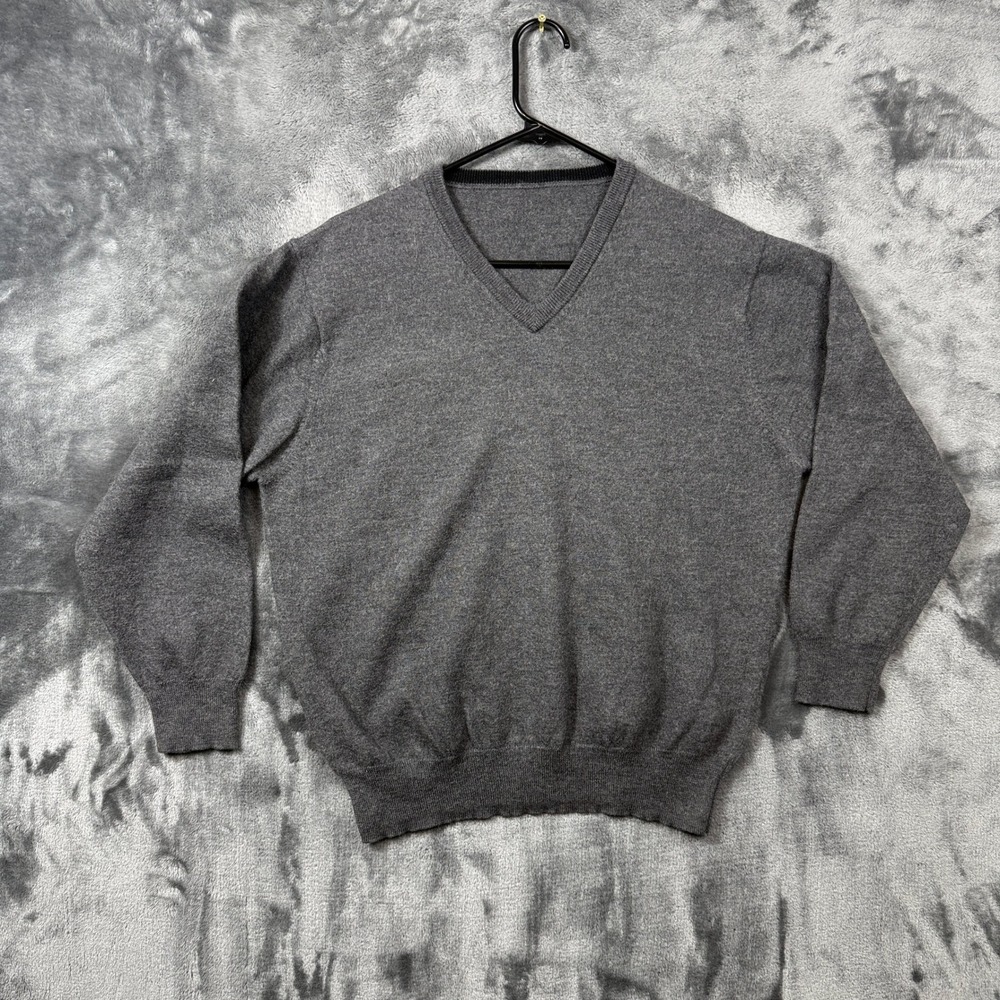 V-Neck Sweater Mens Large Gray Knit Pullover Long Sleeve Layering Top